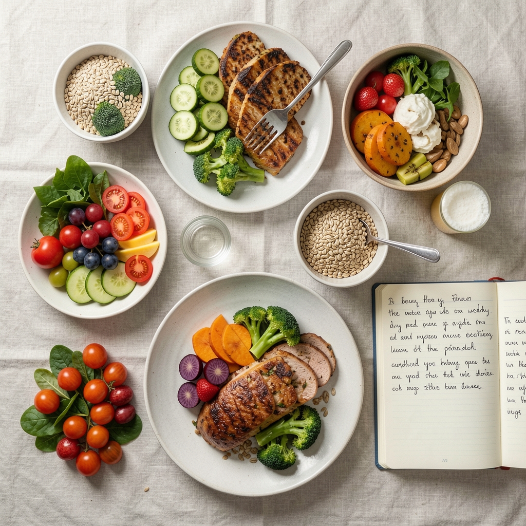 Overhead flat-lay of a balanced weekly meal spread on a pale linen surface, seasonal vegetables, whole grains, and a handwritten food journal open beside the plates